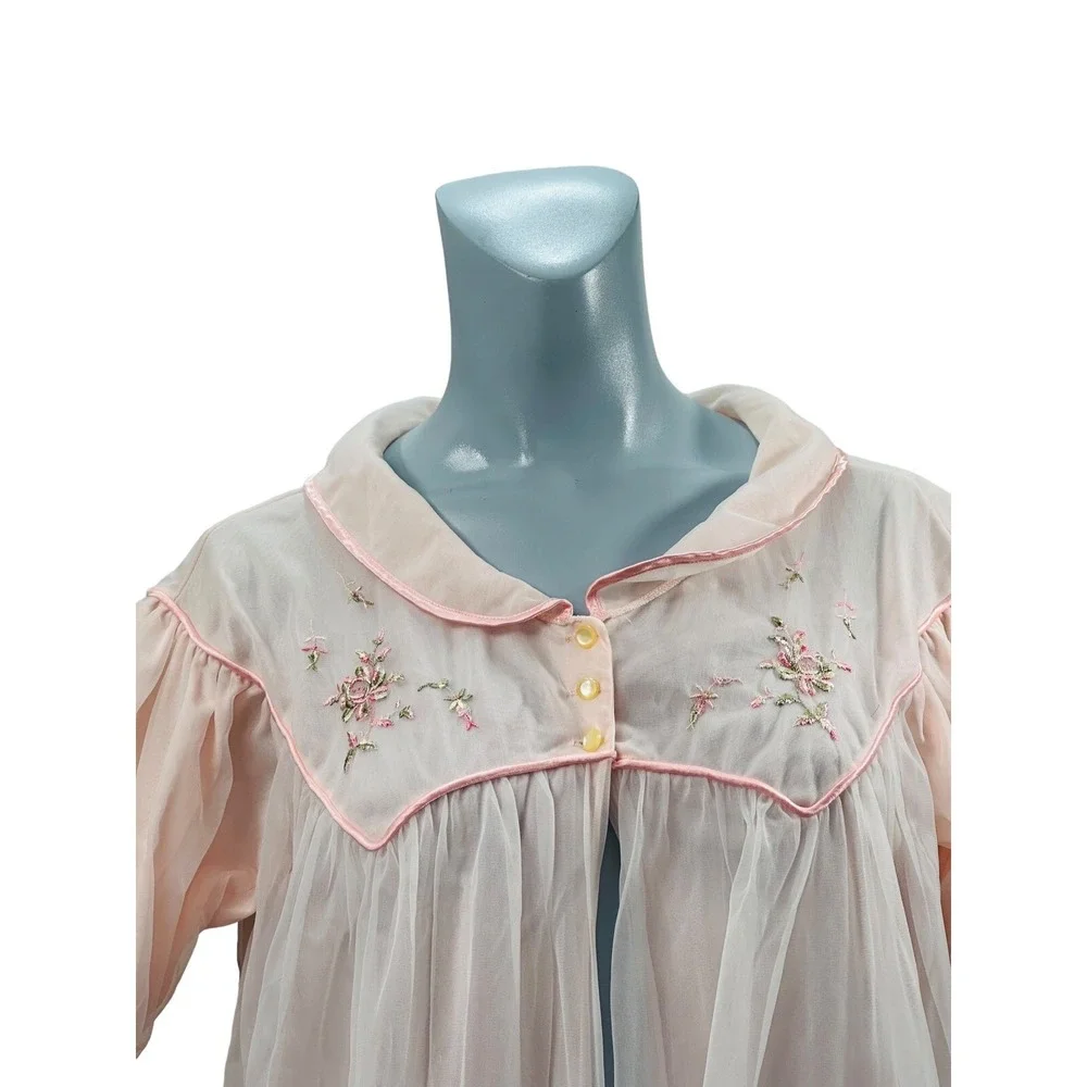 Vtg‎ 34 Godfried Pink Nylon Robe Floral Embroidery Union Made Mcm Retro Pin Up